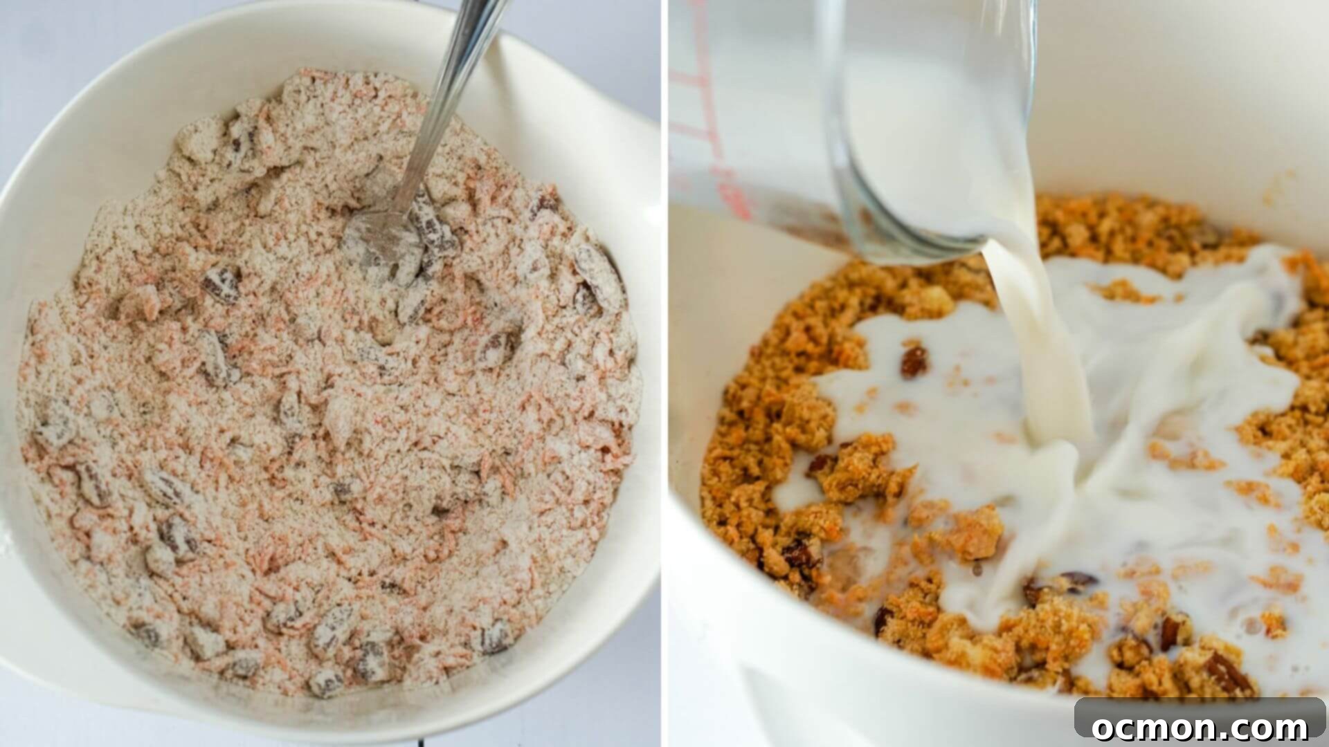 Finely shredded carrots and milk are being gently mixed into the flour and butter mixture to form the scone dough.