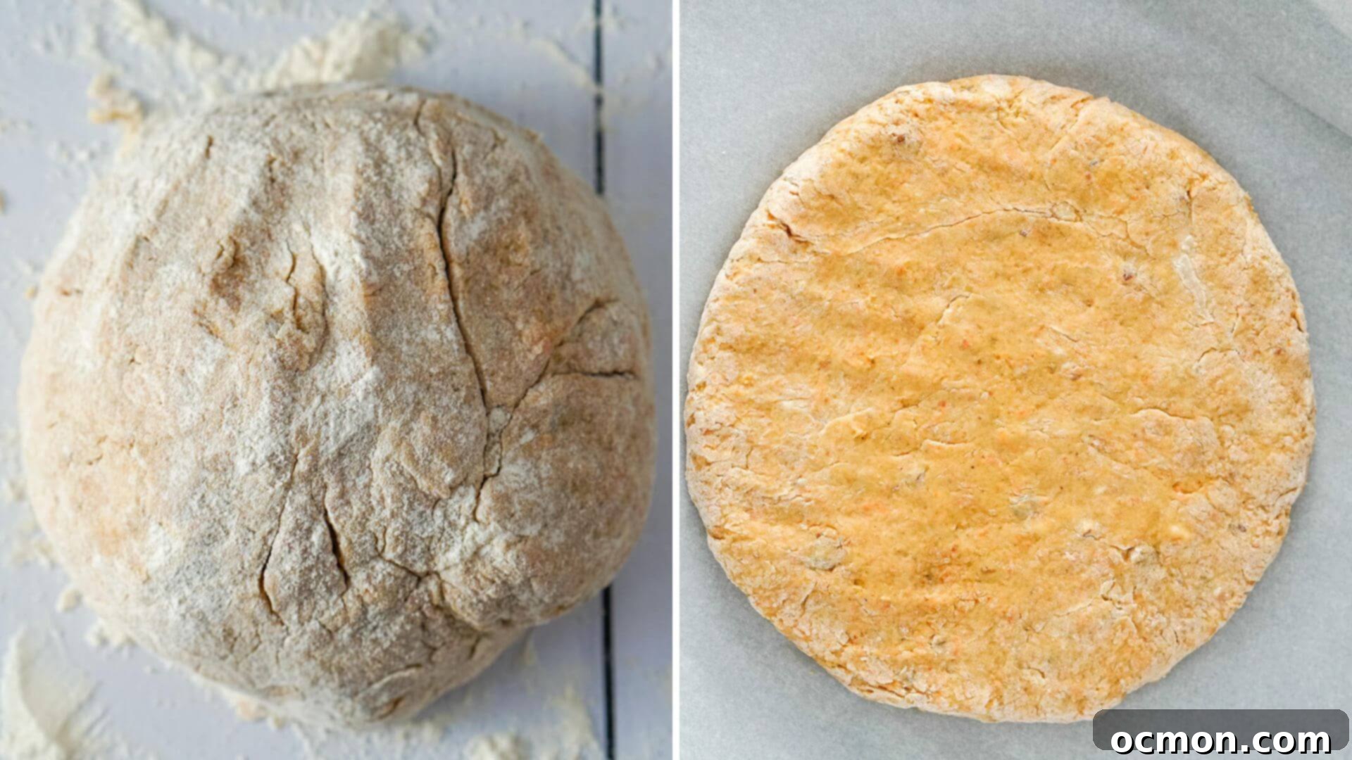 The scone dough, lightly floured, is pressed into a flat, circular disc on a baking sheet, ready to be cut into wedges.