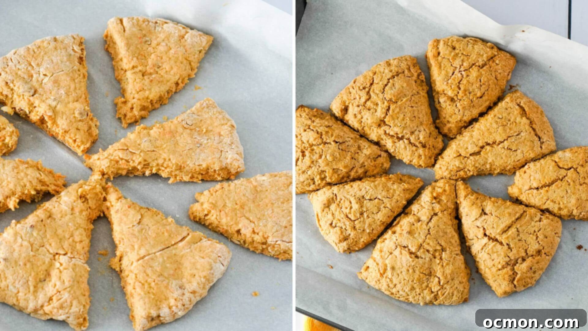 Eight scone wedges are arranged on a baking sheet, slightly separated, and ready for baking in the oven.