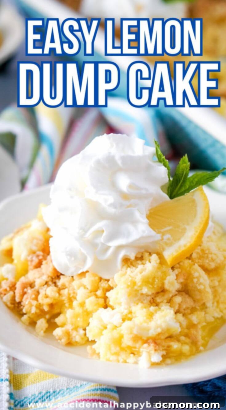 Bright Lemon Dump Cake 10 A top-down view of the irresistible lemon dump cake, ready to be sliced and served. This easy recipe promises 3 layers of sweet and tart lemon flavor without any powdery cake mix.