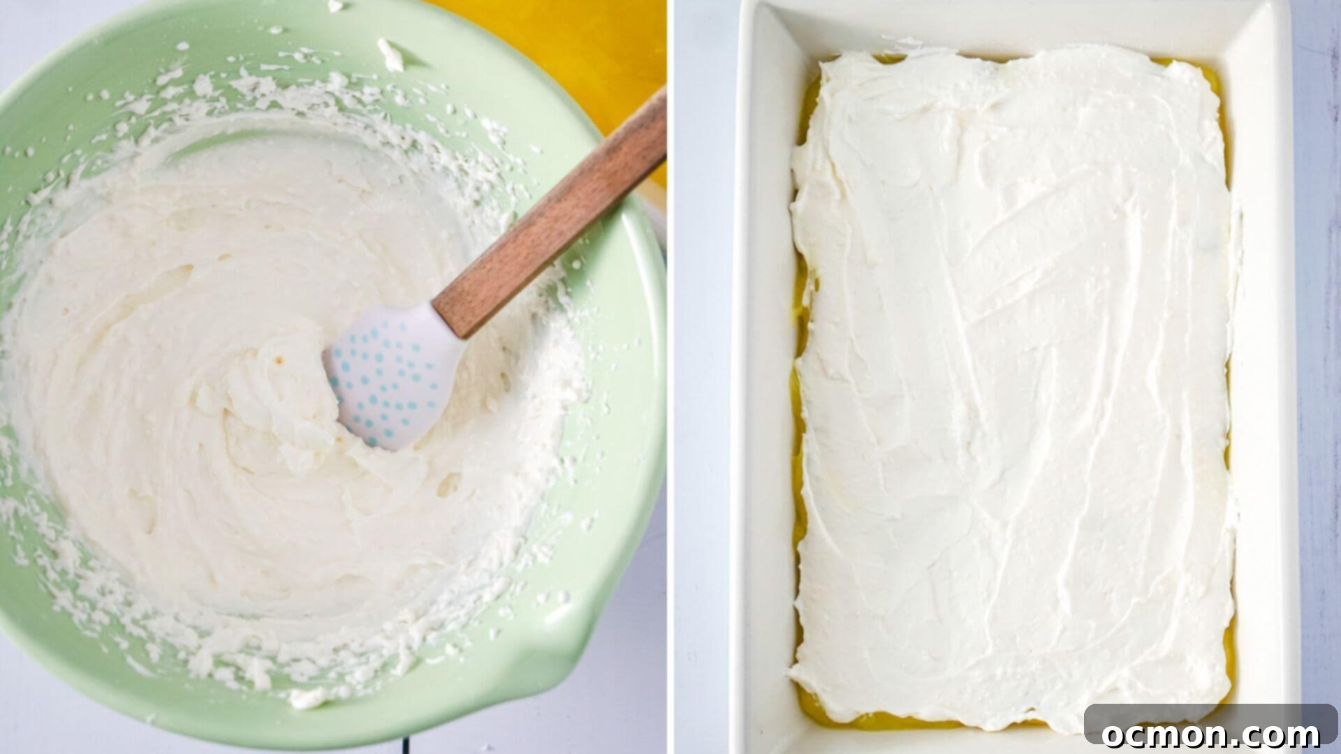 Bright Lemon Dump Cake 6 A creamy mixture of ingredients is being beaten smooth in a green mixing bowl, then spread meticulously and evenly over the lemon filling layer in the baking dish.