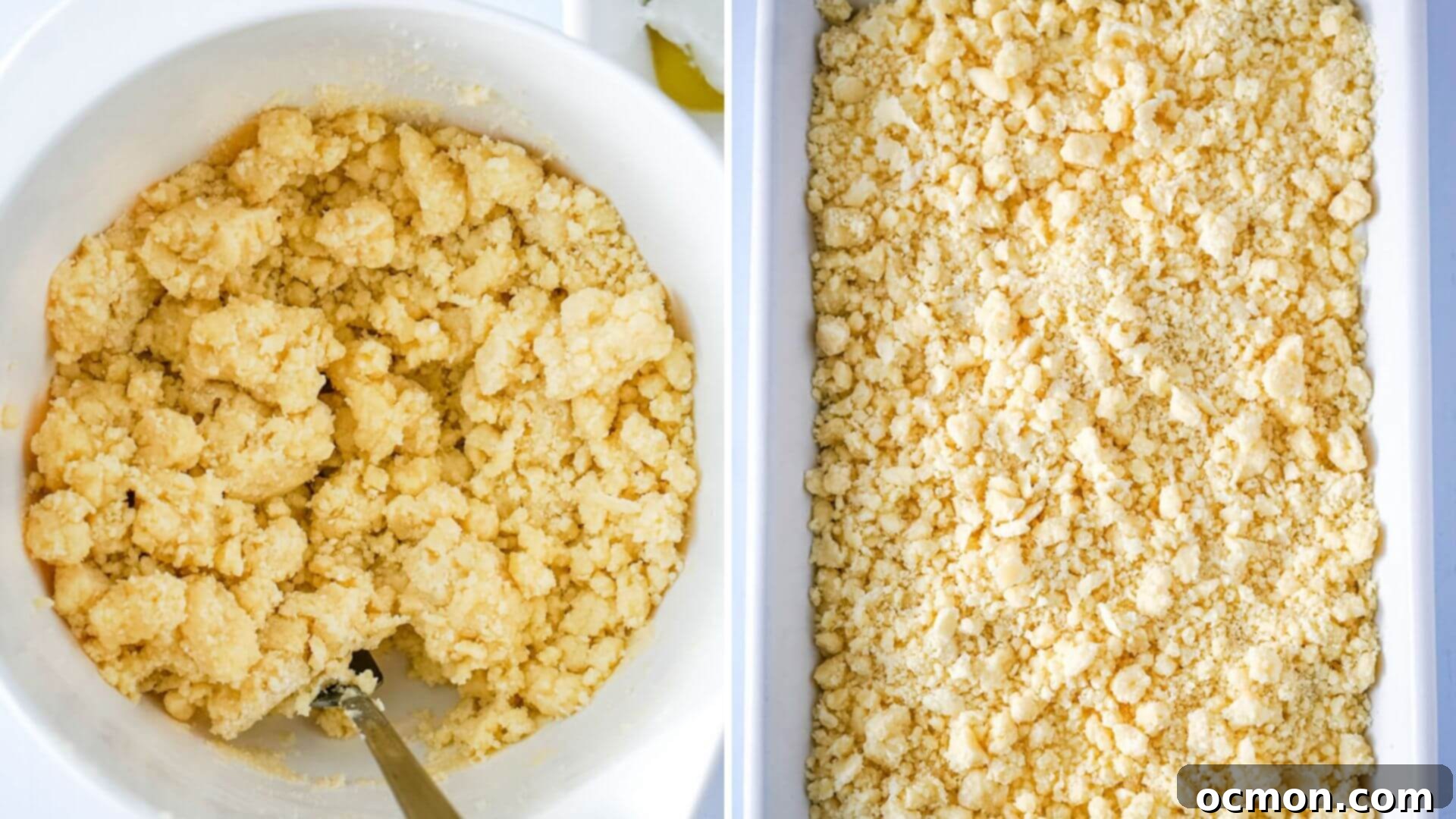 Bright Lemon Dump Cake 7 Melted butter is being thoroughly mixed with dry cake mix in a bowl, creating a moist, crumbly topping that is then spread evenly over the layers in the baking pan.