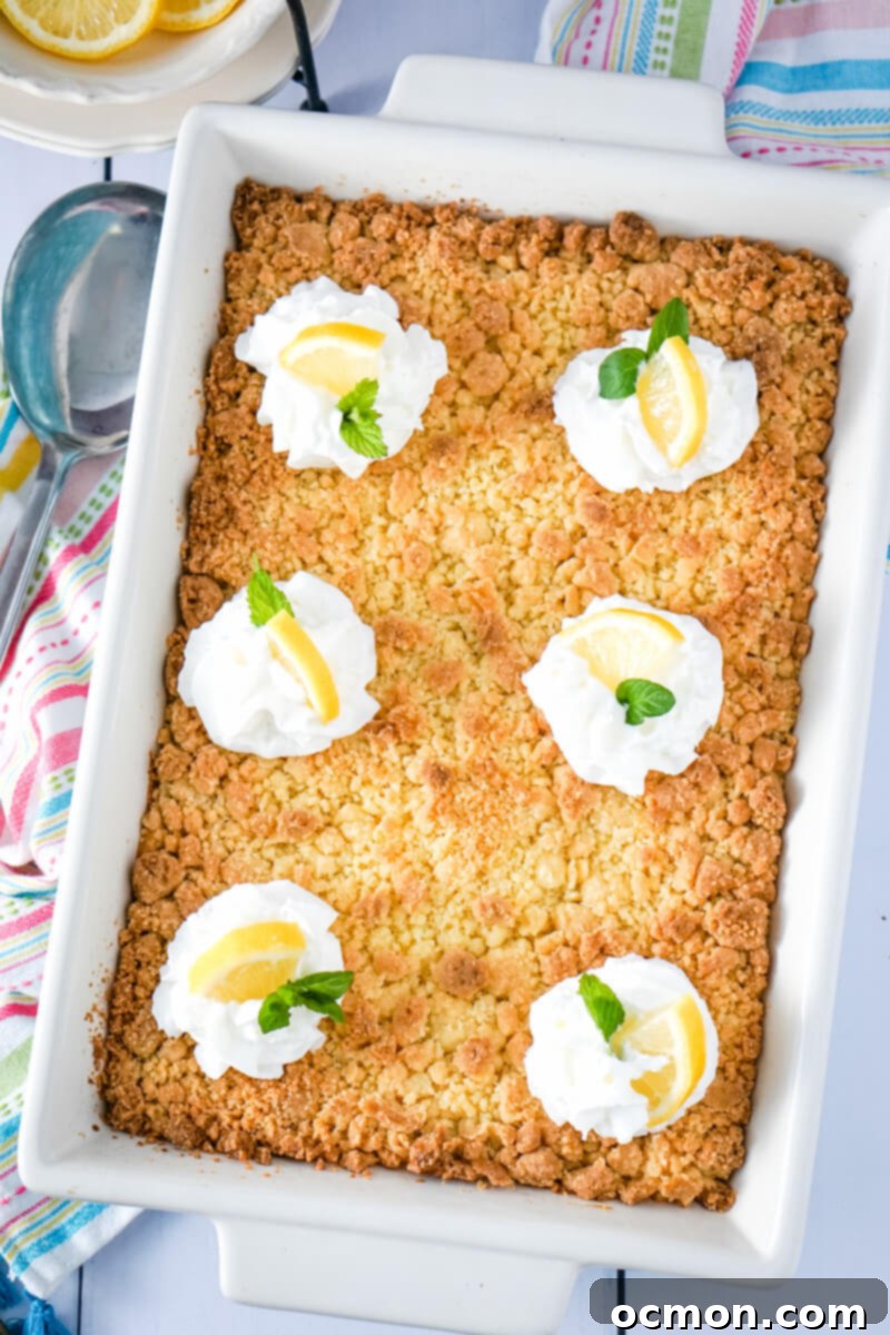 Bright Lemon Dump Cake 8 A freshly baked lemon dump cake is beautifully presented, adorned with swirls of whipped cream and delicate slices of fresh lemon, ready to be served.