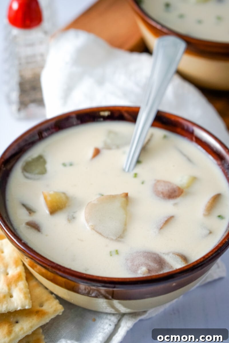 A serving of creamy 3-ingredient potato soup with herbs in a brown bowl.