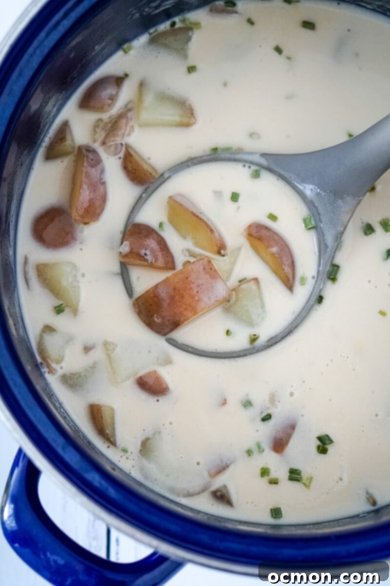 A ladle serving a generous portion of creamy 3-ingredient potato soup from a blue pot, ready to be enjoyed.