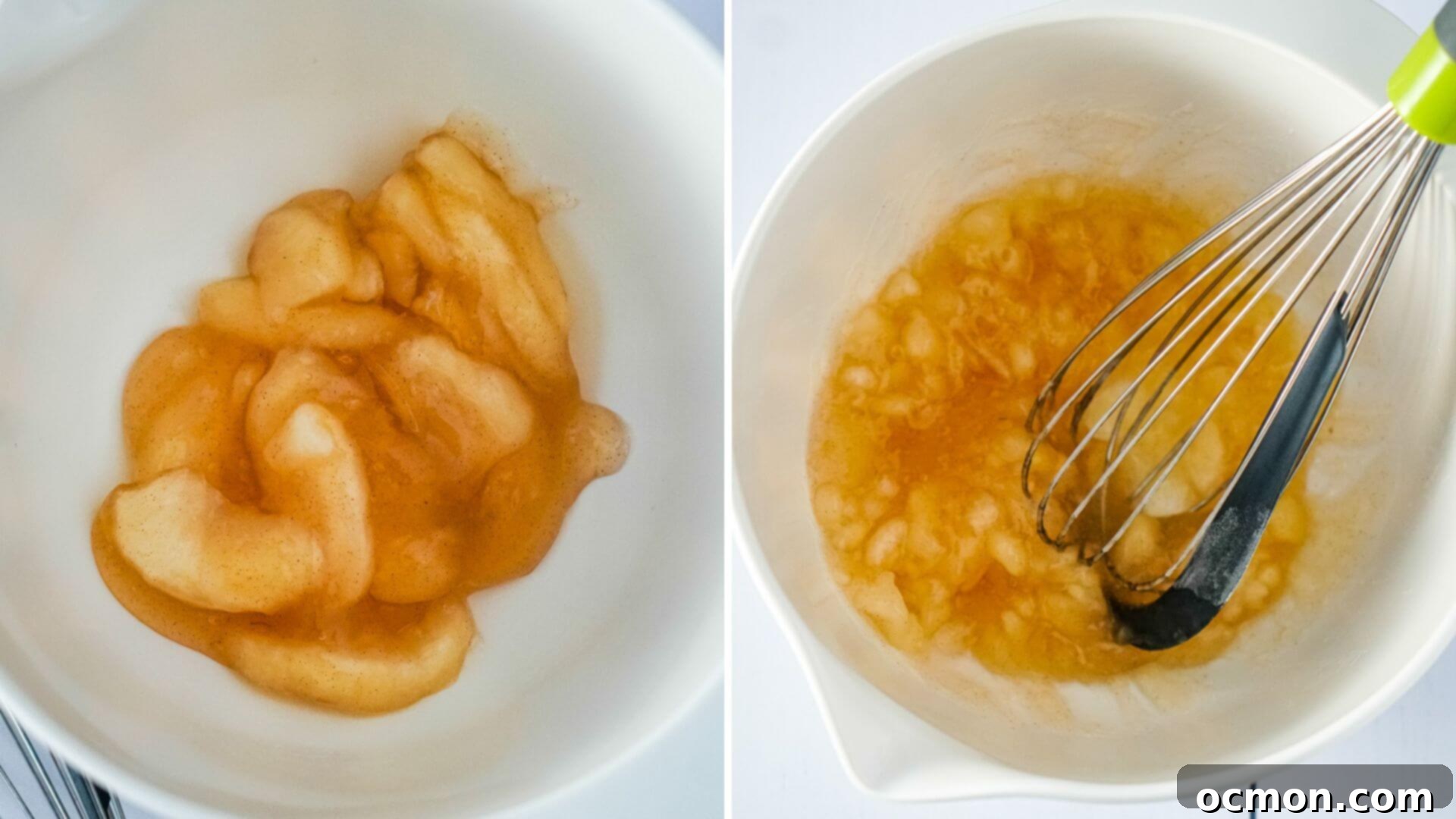 The apple pie filling is added to a white bowl and then is broken up with a whisk. 
