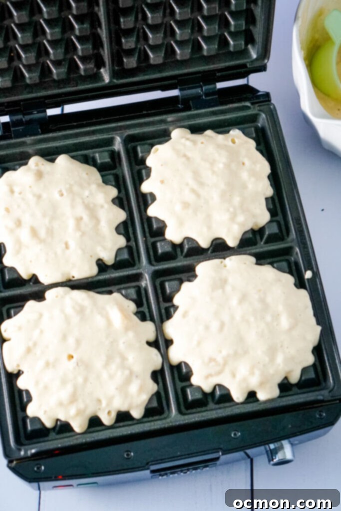 The batter is added to the waffle maker.