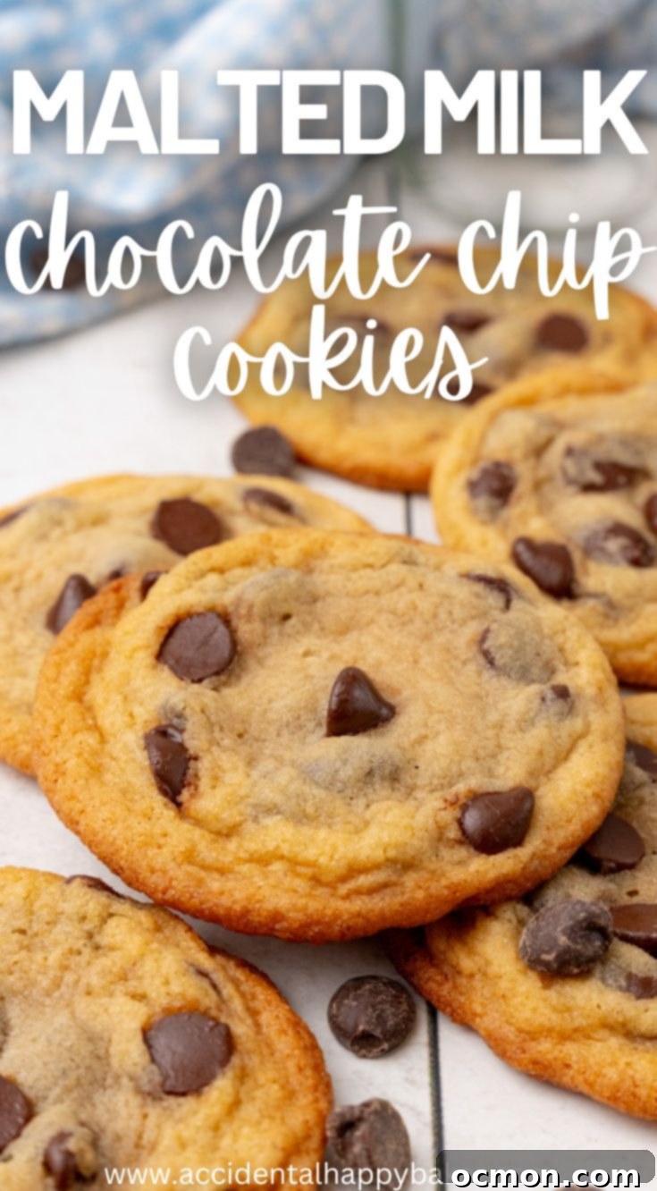 A Pinterest-friendly image showing a stack of delicious malted milk chocolate chip cookies with melted chocolate chips, enticing viewers to try the recipe.