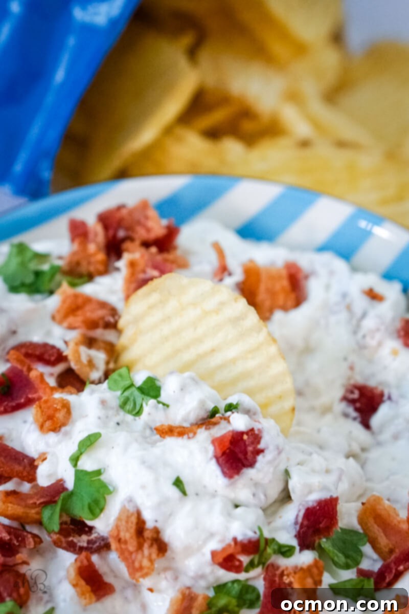 A chip sits provocatively in the bowl of bacon horseradish dip, inviting a taste.