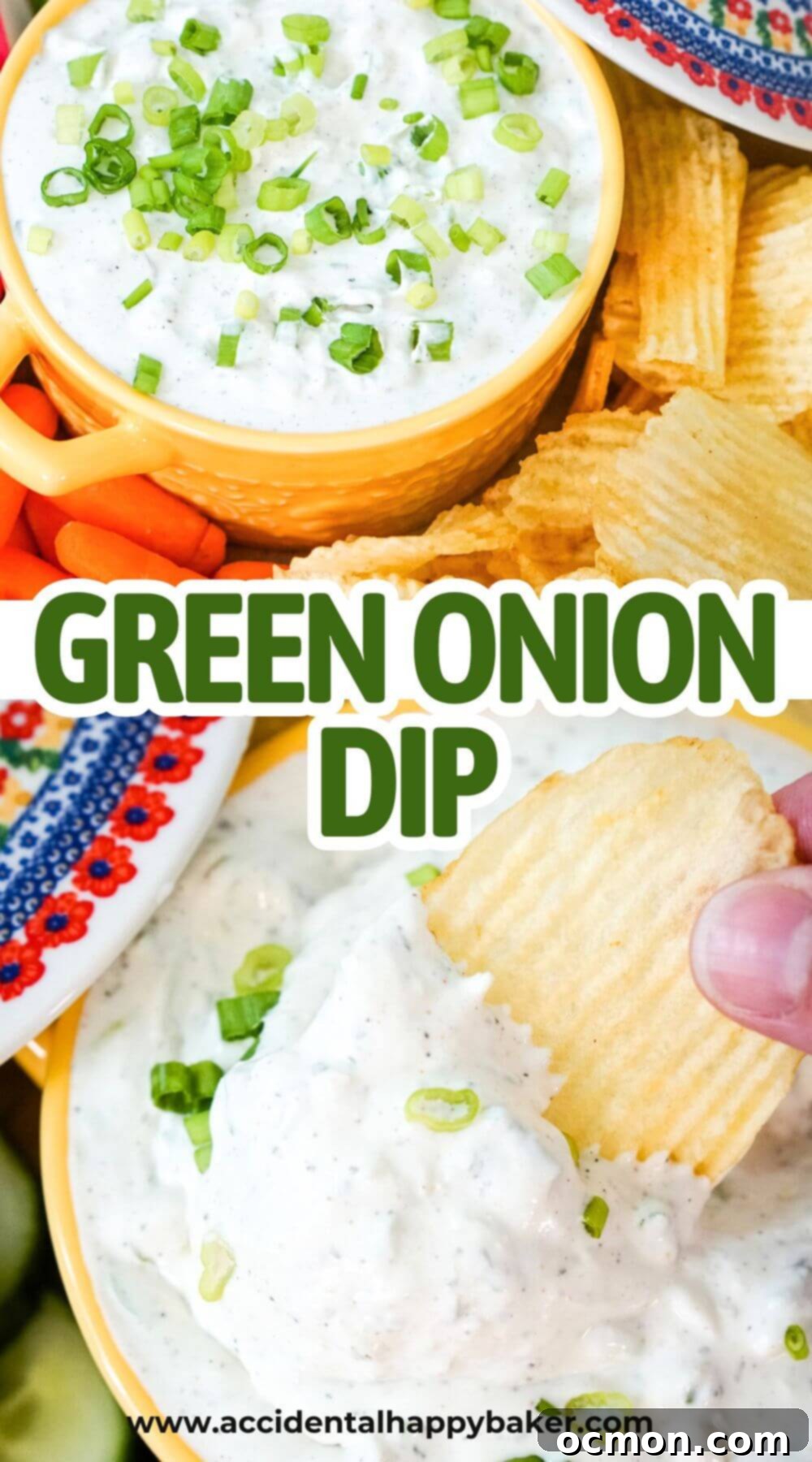 A Pinterest-friendly image showcasing a bowl of creamy green onion dip surrounded by chips and fresh vegetables, with text overlay: 'Easy Homemade Green Onion Dip Recipe'.
