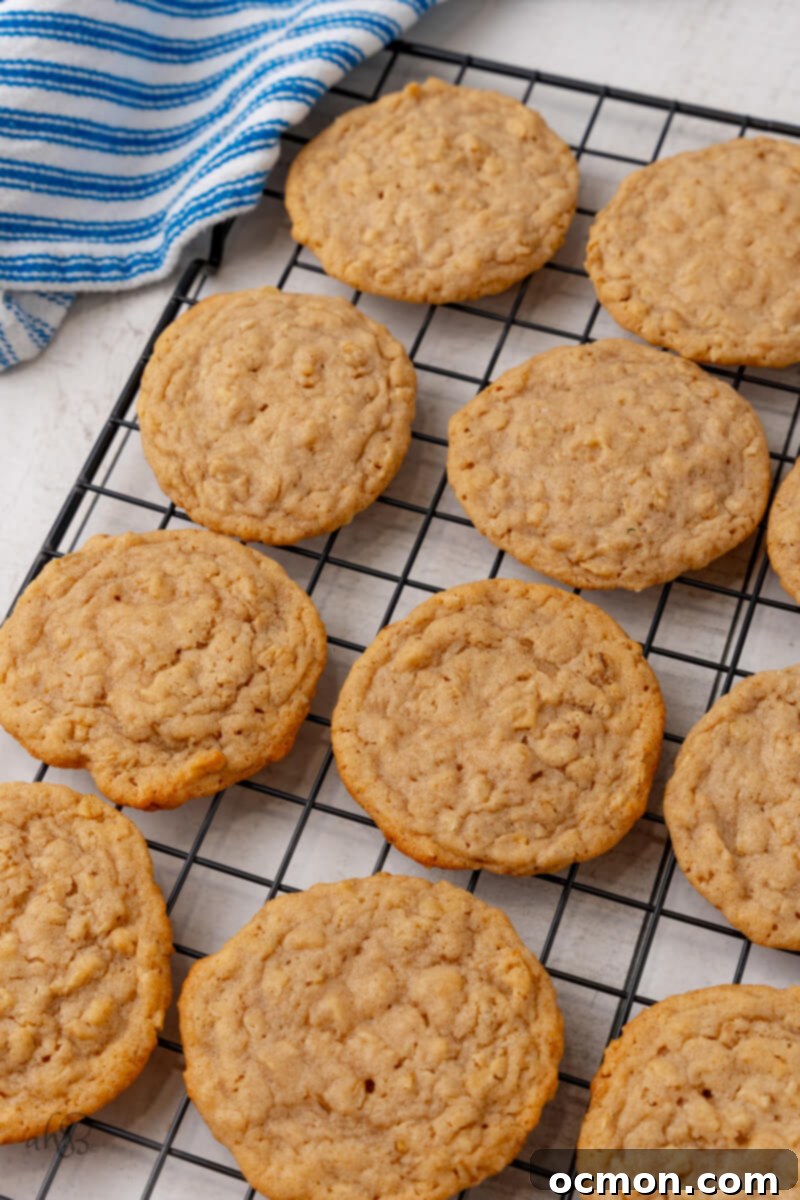 Iced Oatmeal Cookies-8 Delicious oatmeal cookies resting on a wire cooling rack, allowing them to cool down completely before icing.