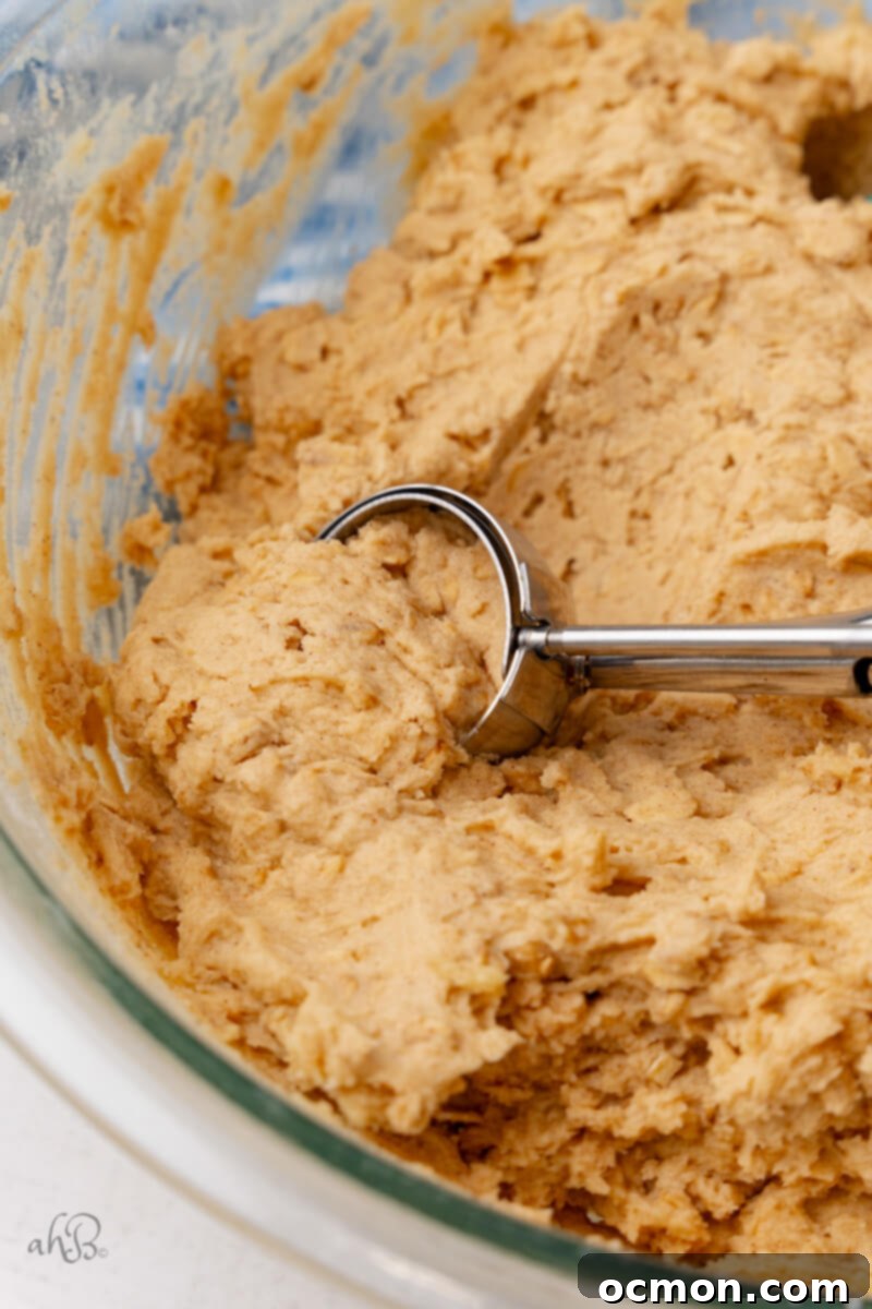 Iced Oatmeal Cookies-5 (1) A cookie scoop is used to portion out dough from a bowl onto a baking sheet, ensuring uniform size for each cookie.