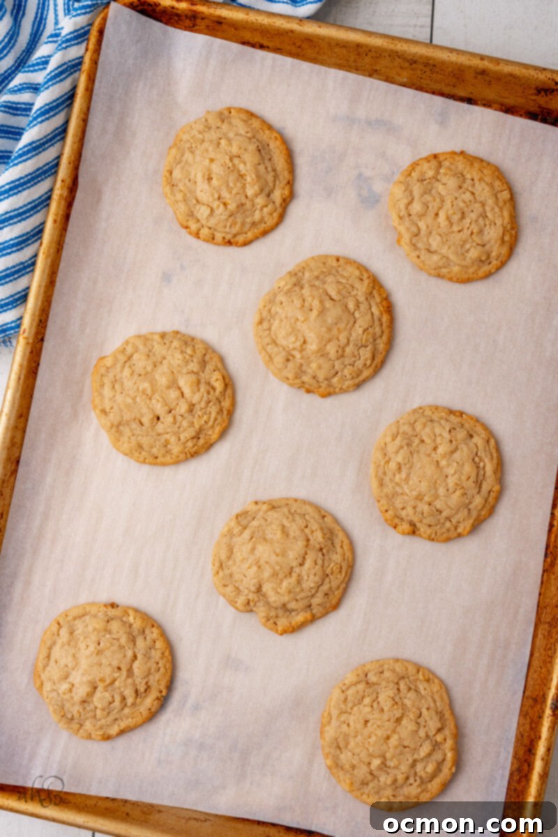Iced Oatmeal Cookies-7 Freshly baked oatmeal cookies arranged on baking sheets, with their golden-brown edges visible, straight from the oven.