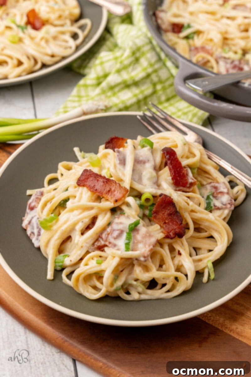 A serving of Sour Cream pasta is presented on a gray plate with a fork.