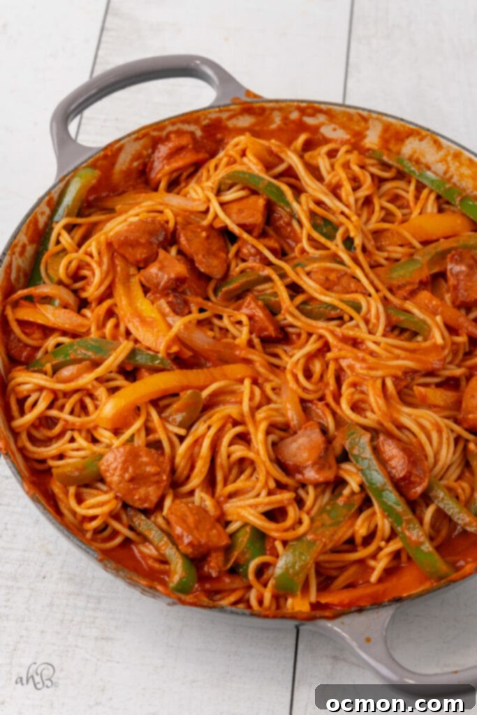 A dish of complete Cajun Sausage Spaghetti.