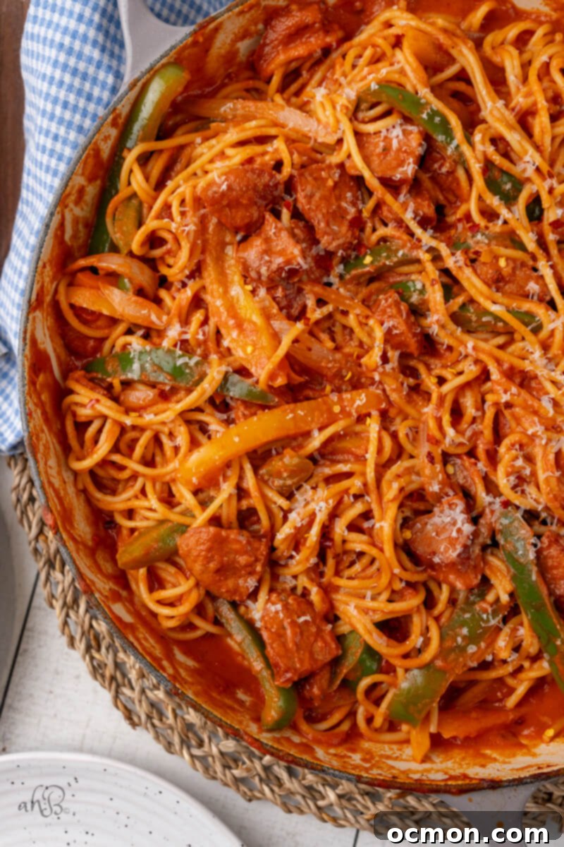 A pot of Cajun Sausage Spaghetti.