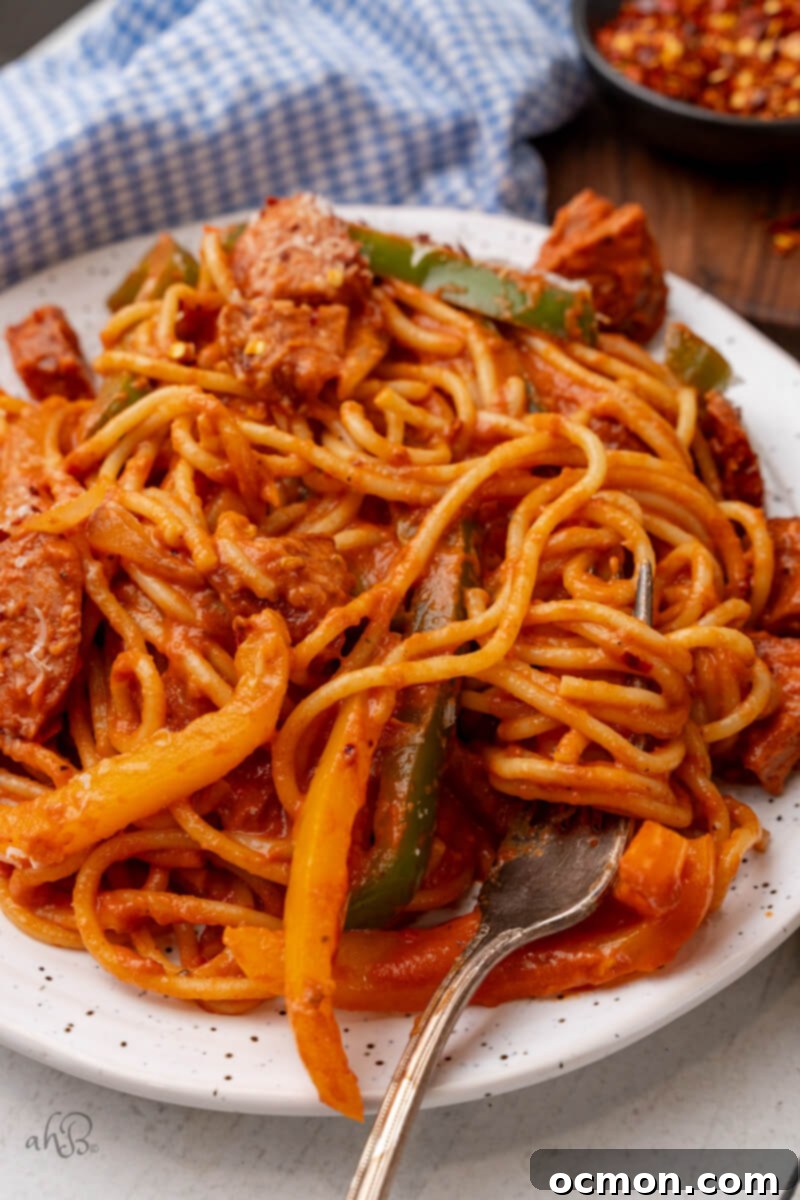 A plate full of Cajun Sausage Spaghetti.