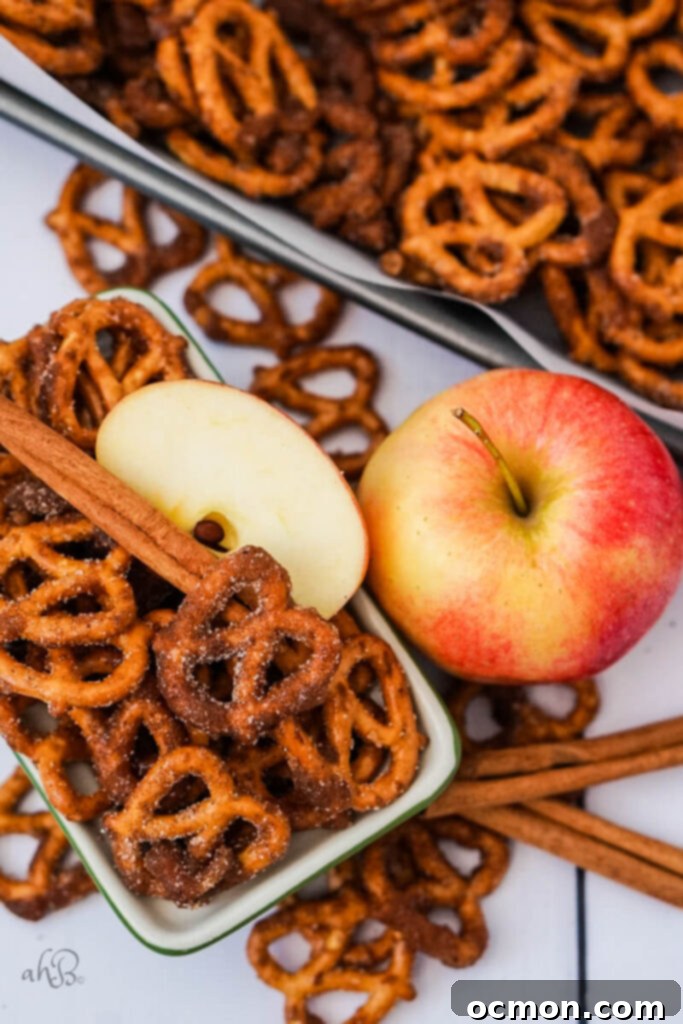 Spiced Apple Cider Pretzels 2 A bowl of apple cider spiced pretzels with a cinnamon stick, apple slice, and a whole apple to one side, evoking a warm, autumnal feeling.