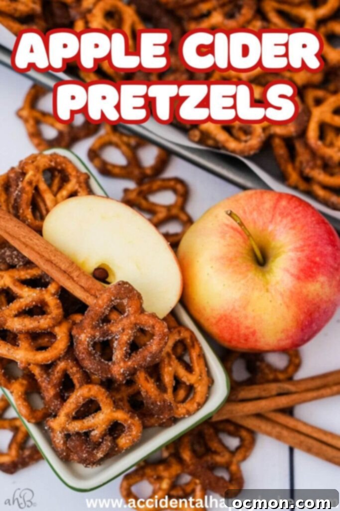Spiced Apple Cider Pretzels 11 Sweet, salty, and crunchy apple cider seasoned pretzels are showcased as the perfect fall snack! The image highlights their quick and easy preparation in the microwave and their warm, inviting apple cider flavors.