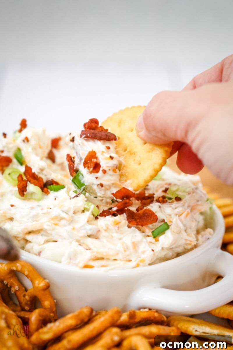 A cracker is dipped into the Ranch Beer Cheese Dip