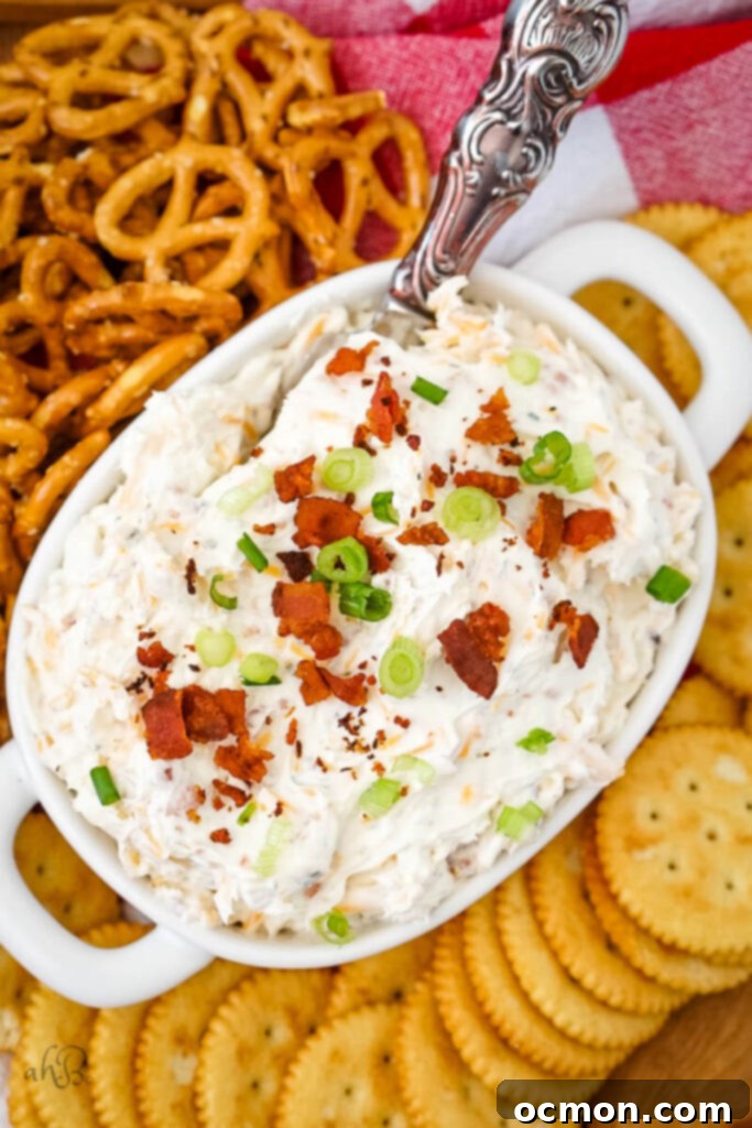 A dish of Ranch Beer Cheese Dip is served with pretzels and crackers.