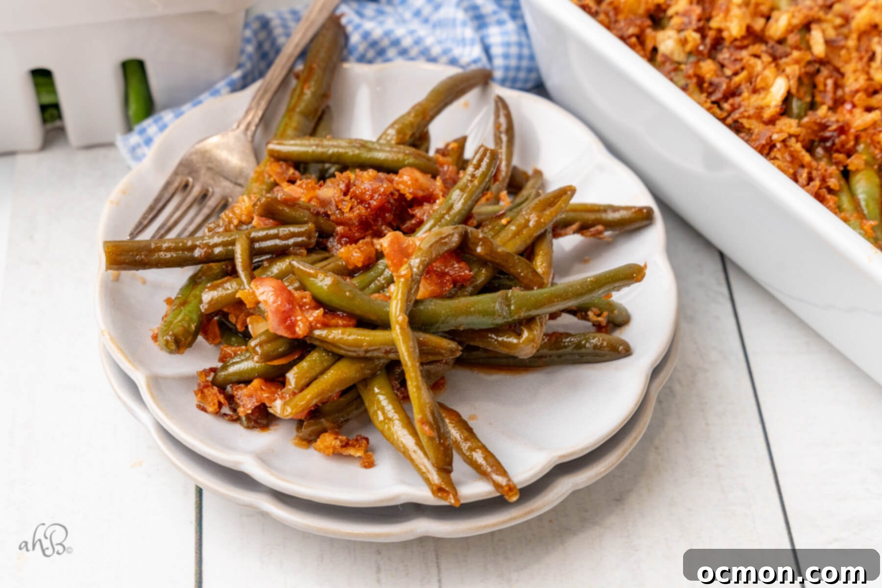BBQ Green Bean Casserole with a crispy onion topping.