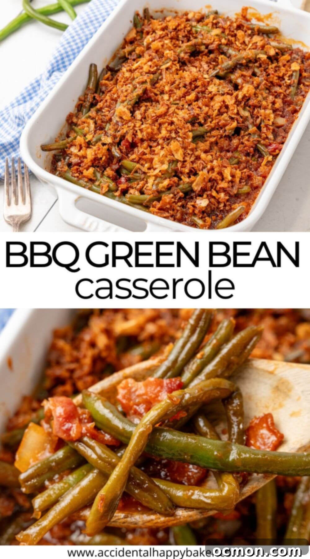 A large, rustic serving of BBQ Green Bean Casserole with a generous topping of crispy onions, ready for a family meal.