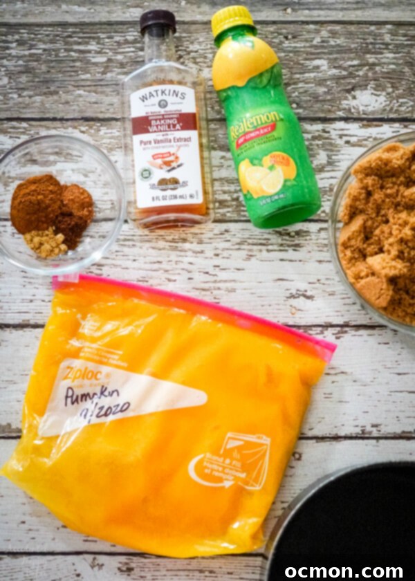 All the ingredients for pumpkin butter laid out: pumpkin puree, brown sugar, lemon juice, pumpkin pie spice, vanilla, and salt.