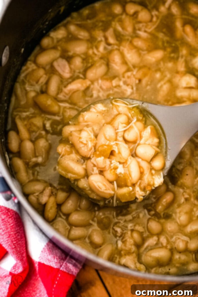 A large serving spoon lifts a generous portion of creamy white chicken chili from the stock pot, showcasing its rich texture and readiness to be served and enjoyed.