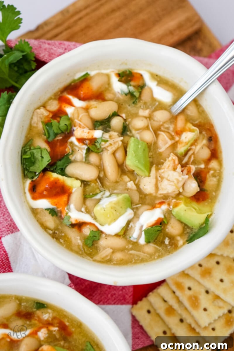 A white bowl of creamy 7-Can White Chicken Chili, garnished beautifully with fresh cilantro, diced avocado, a dollop of sour cream, and a spoonful of vibrant salsa. The textures and colors are inviting and appetizing, highlighting the richness of the dish.