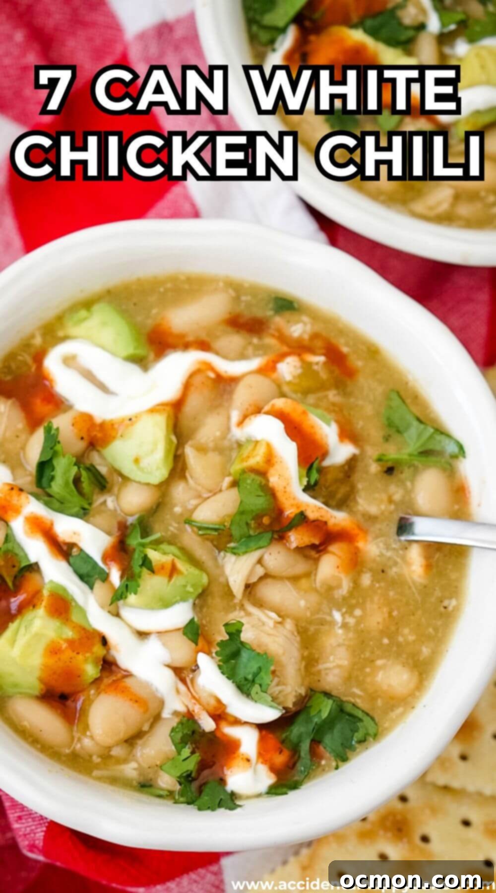 A top-down view of a large pot of simmering 7-Can White Chicken Chili, showing its creamy texture and the various ingredients, ready to be served and enjoyed as a comforting meal.