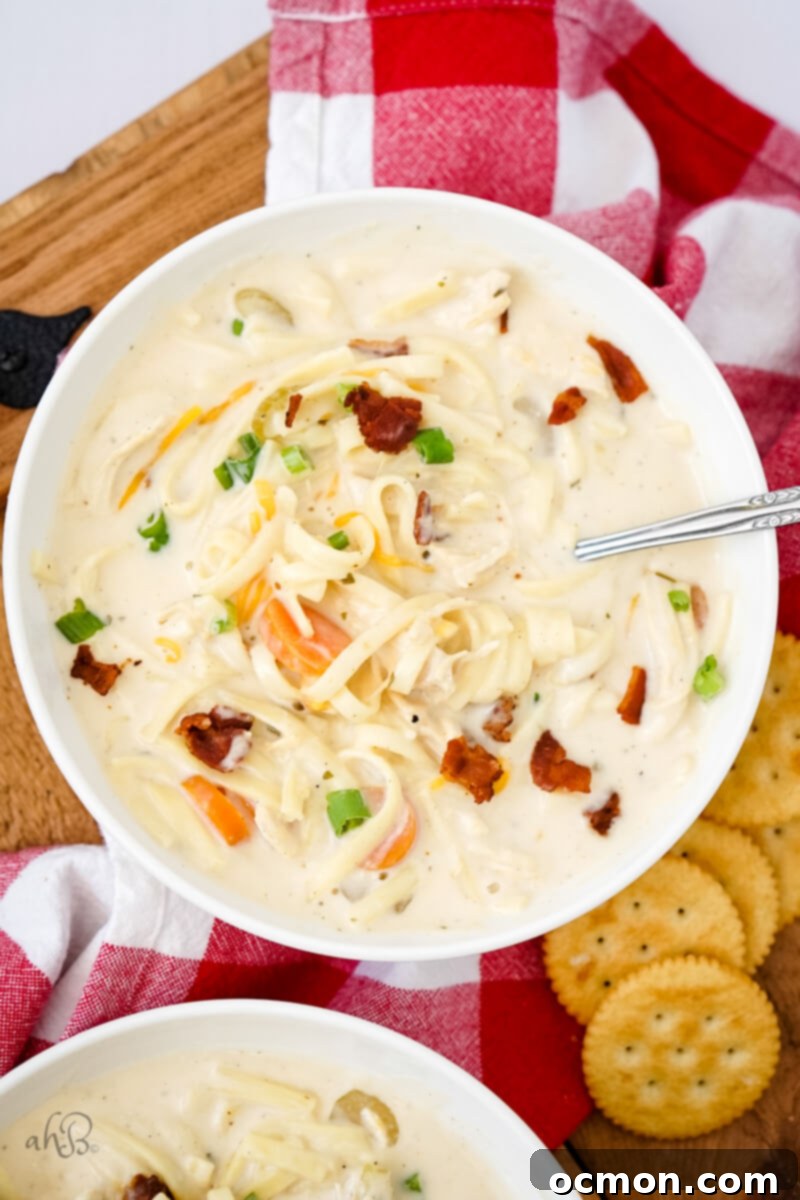 A white bowl of Crack Chicken Noodle Soup generously topped with crispy bacon bits, fresh chives, and shredded cheddar cheese, served elegantly with a side of crunchy crackers for dipping.
