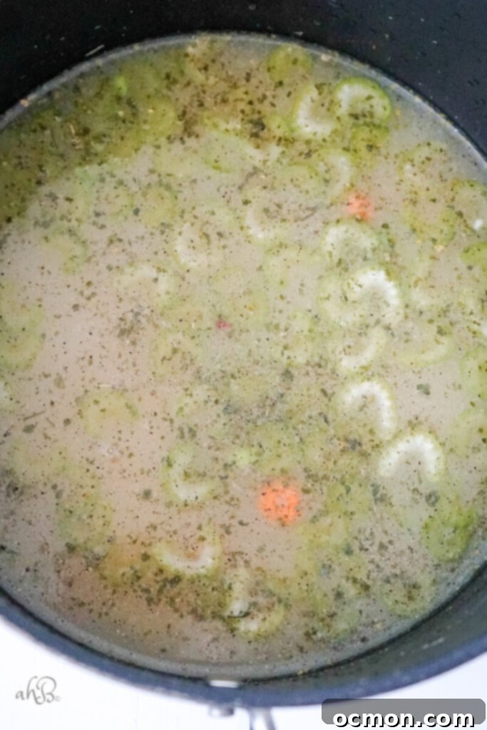 A large stockpot with chicken, chicken stock, chopped celery, sliced carrots, ranch dressing mix, garlic powder, and black pepper, simmering gently on the stove, forming the base of the soup.