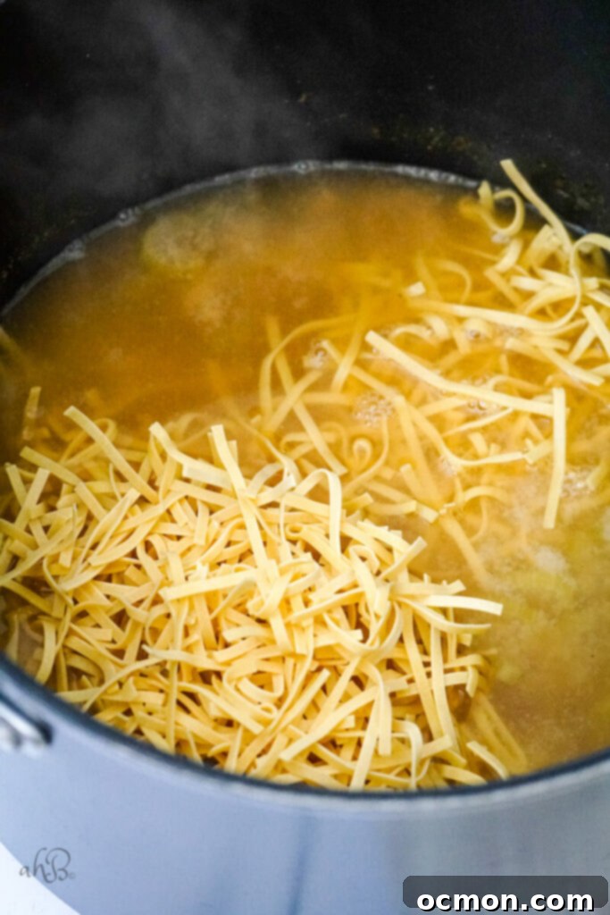 Egg noodles being carefully added to the simmering soup in a stockpot and stirred to ensure even cooking until tender.