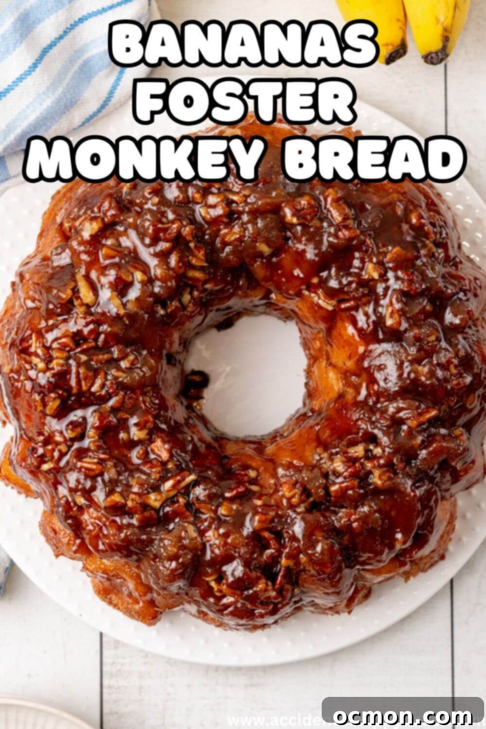 A Pinterest-friendly image of Bananas Foster Monkey Bread, highlighting its deliciousness and stickiness.