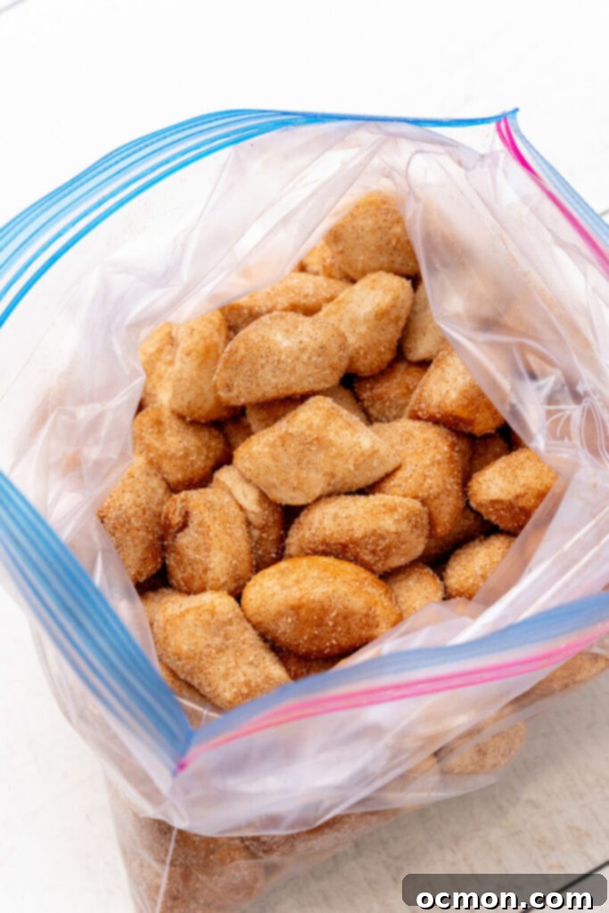 The biscuit pieces in the Ziploc bag are completely coated in the sparkling cinnamon sugar mixture.
