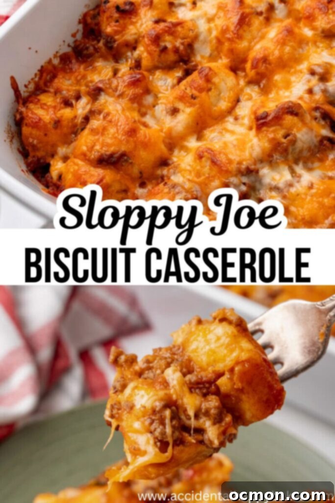 A delicious Sloppy Joe Biscuit Casserole, freshly baked and golden brown, with a comforting, homestyle appearance, ready for serving.