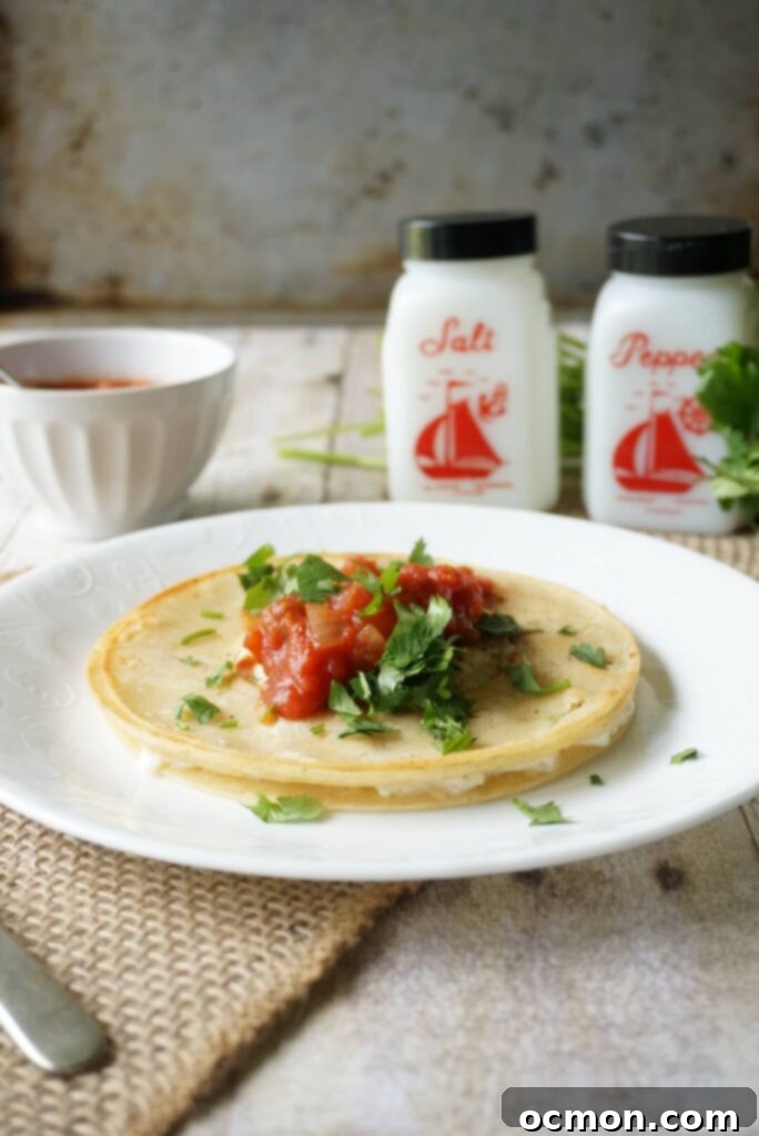 Corn tortillas cooked with a fried egg in the center topped with salsa and cilantro on a white plate. 