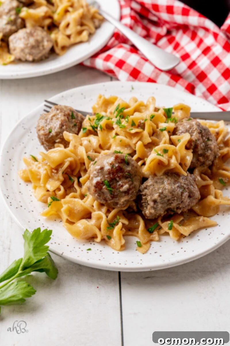 A serving of Swedish Meatballs served on a white plate, showcasing the creamy sauce and tender noodles.