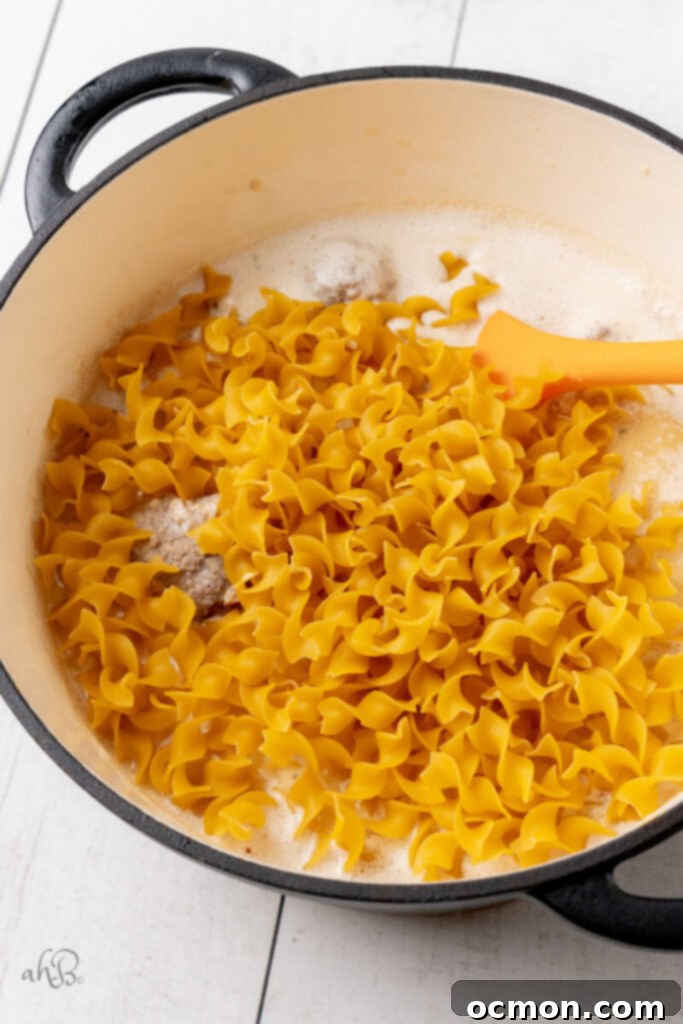 Noodles are being added to the pot with the browned meatballs and gravy ingredients.