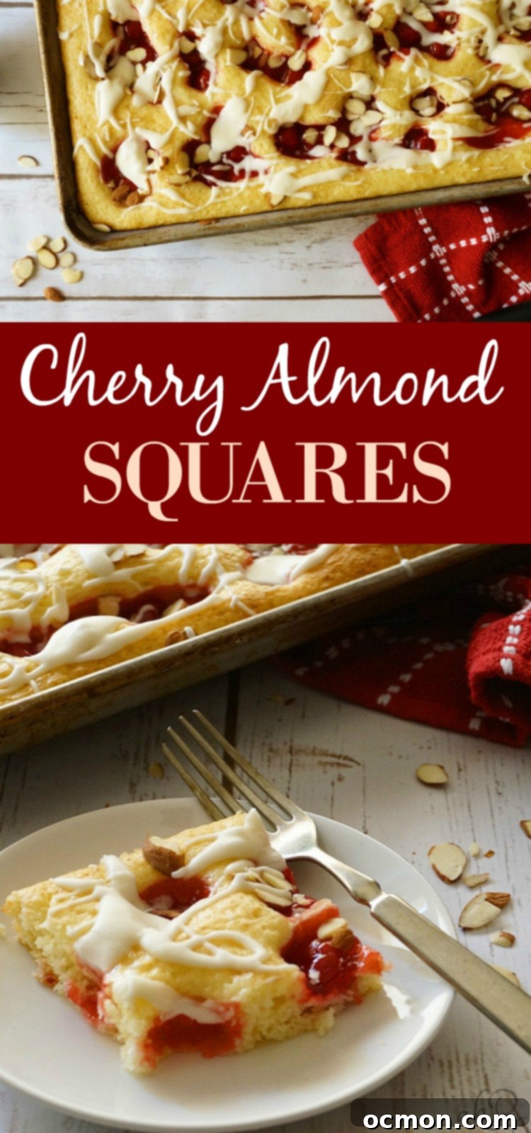 Vibrant Cherry Almond Squares, a perfect blend of cherry pie and coffee cake, baked to perfection for a quick and impressive dessert.