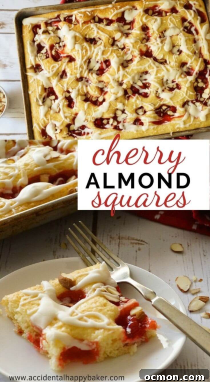 Beautifully glazed Cherry Almond Squares with a sprinkle of sliced almonds, ready to be served.