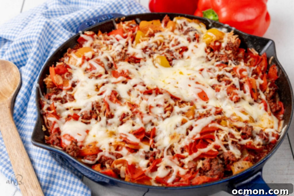 Skillet Pizza Peppers 6 Mozzarella is added to the skillet.