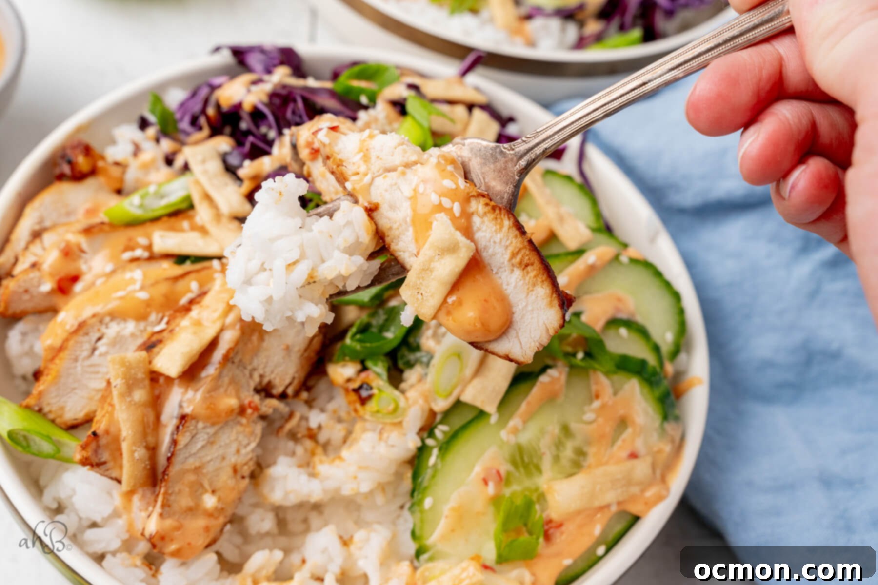 A hand holding a fork, takes a bite of chicken and rice from the bowl.
