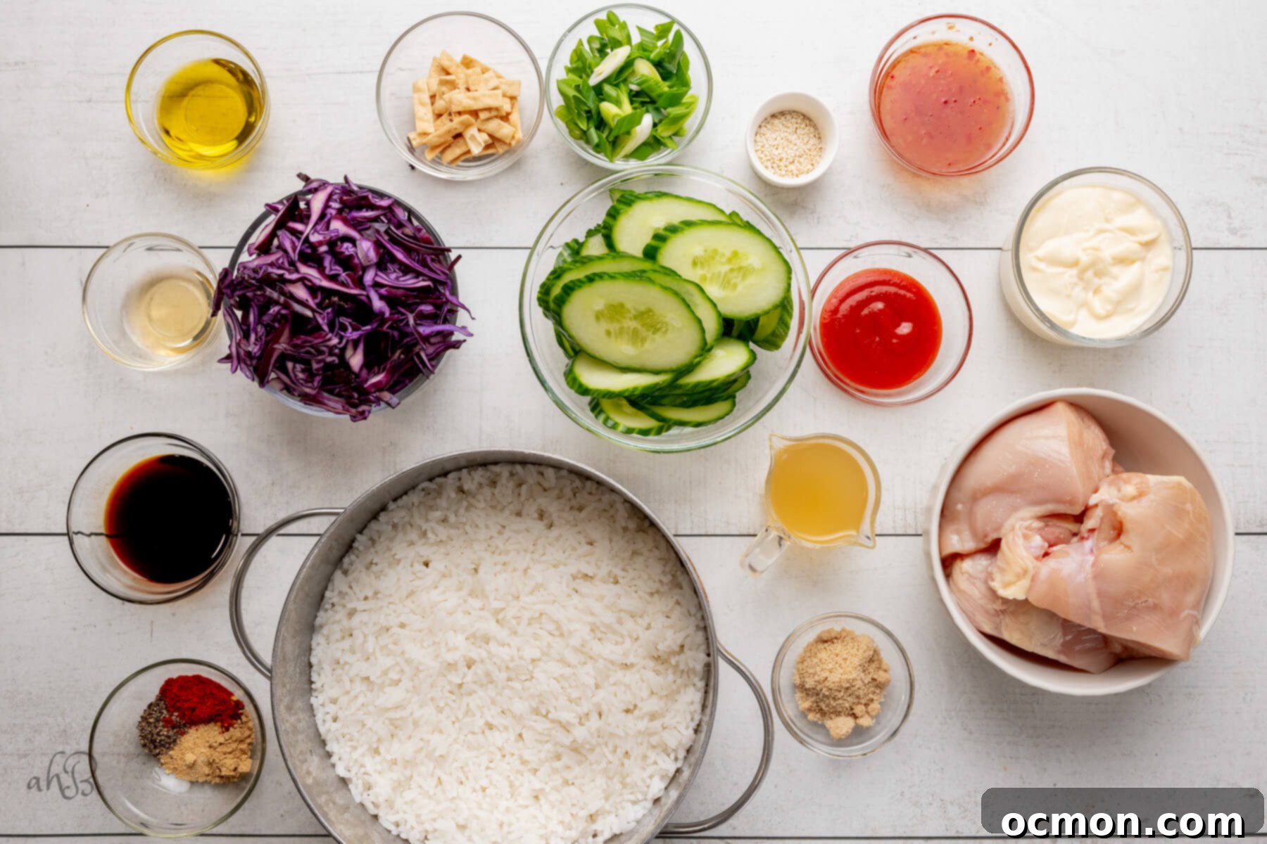The ingredients are separated out into individual glass bowls.