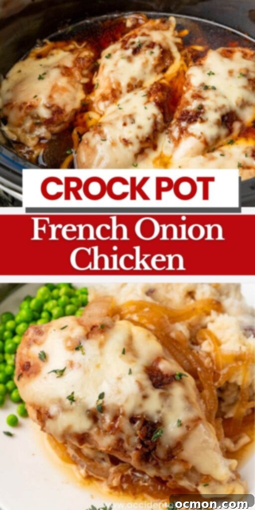 Easy Slow Cooker French Onion Chicken 11 Tender chicken cooked in a rich French onion gravy and topped with cheese, this Crockpot French Onion Chicken is an easy dump and go slow cooker dinner that is perfect for busy weeknights.