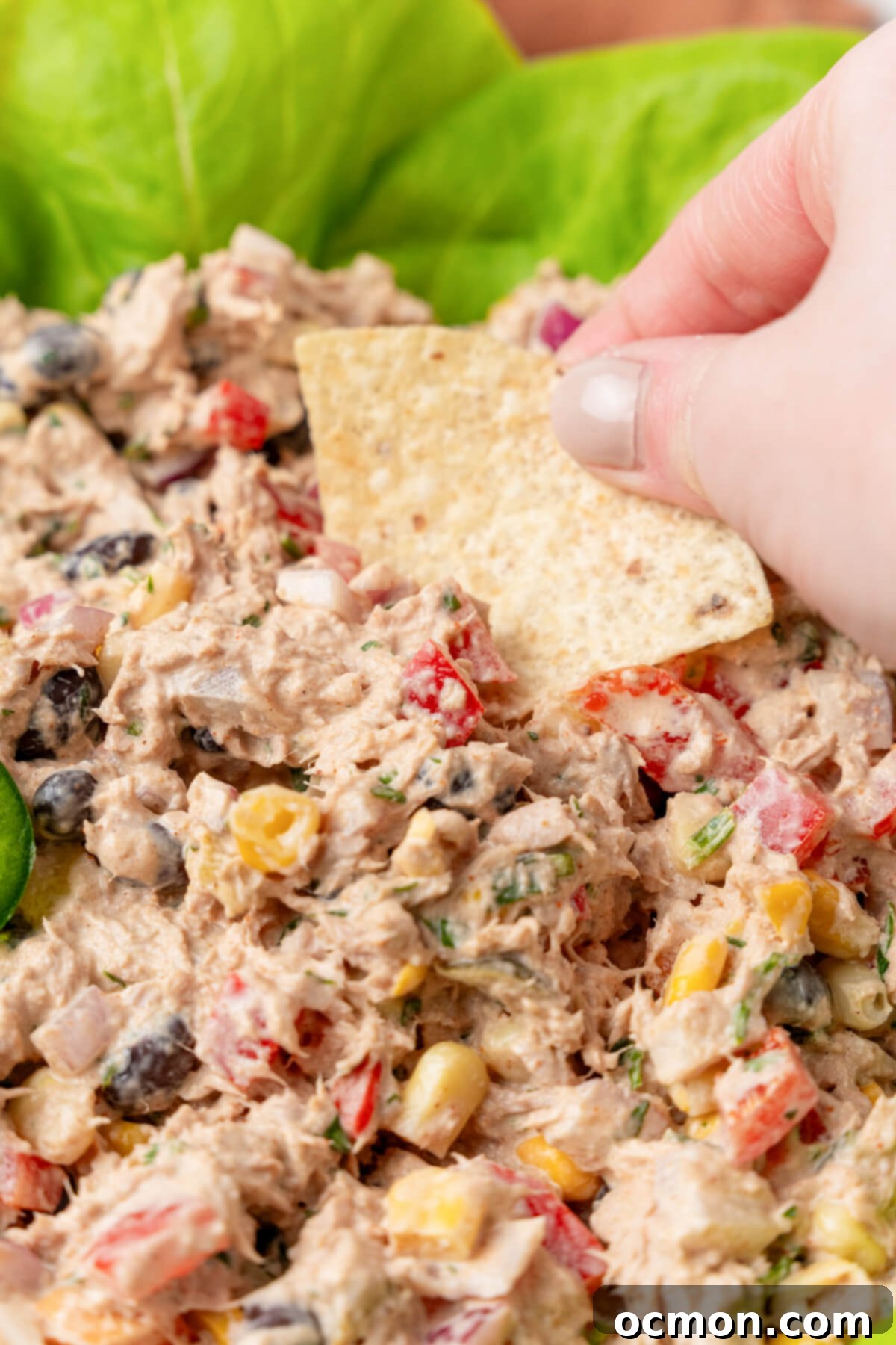 A crisp tortilla chip perfectly scoops a generous portion of the creamy and colorful Mexican Tuna Salad, highlighting its inviting texture.