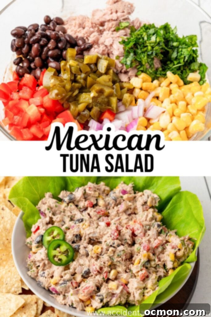 Close-up of the vibrant Mexican Tuna Salad in a bowl, showing the texture and fresh ingredients, ready for serving.