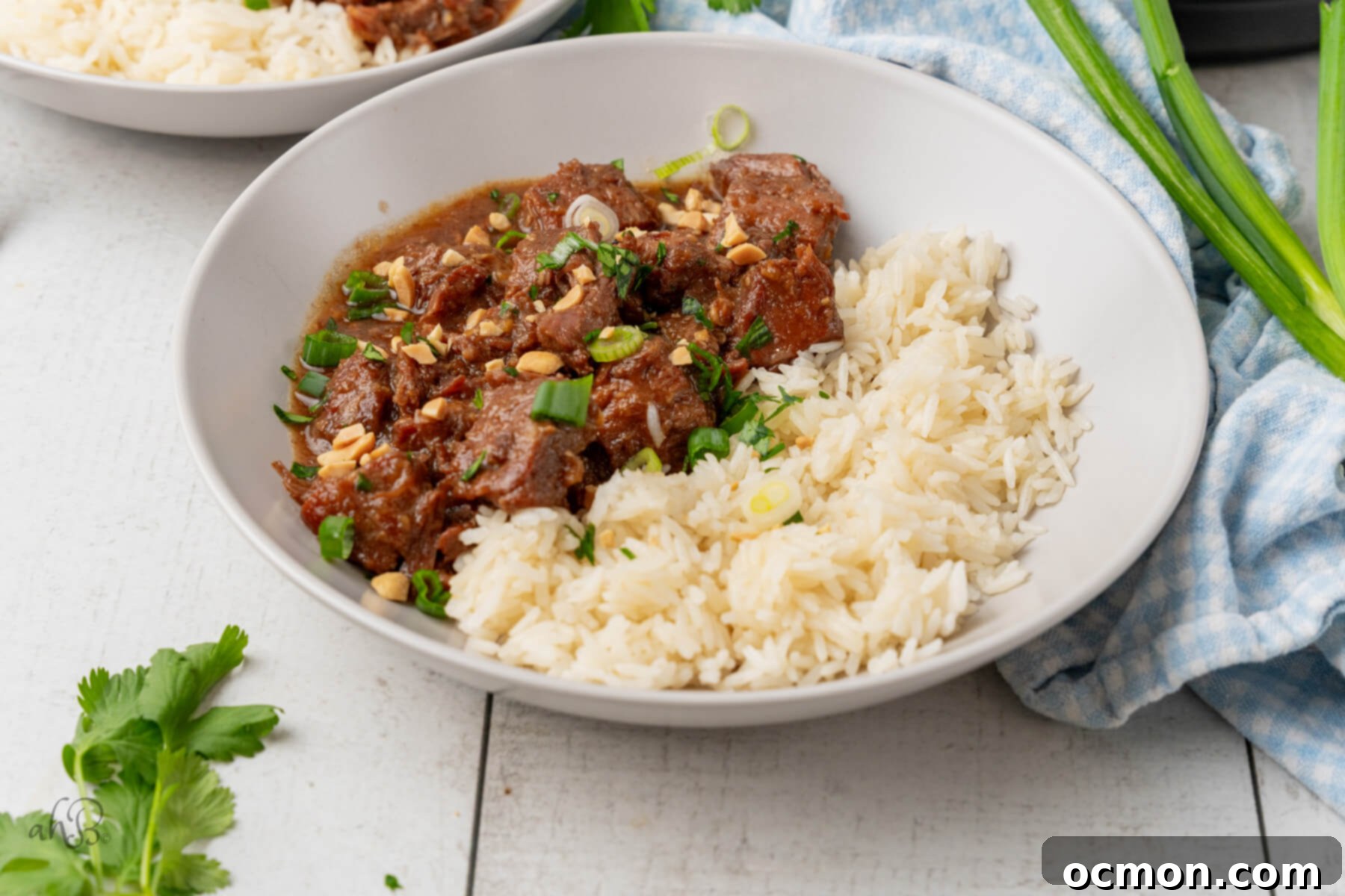 A white bowl of Korean Beef served with white rice and topped with peanuts and green onions.
