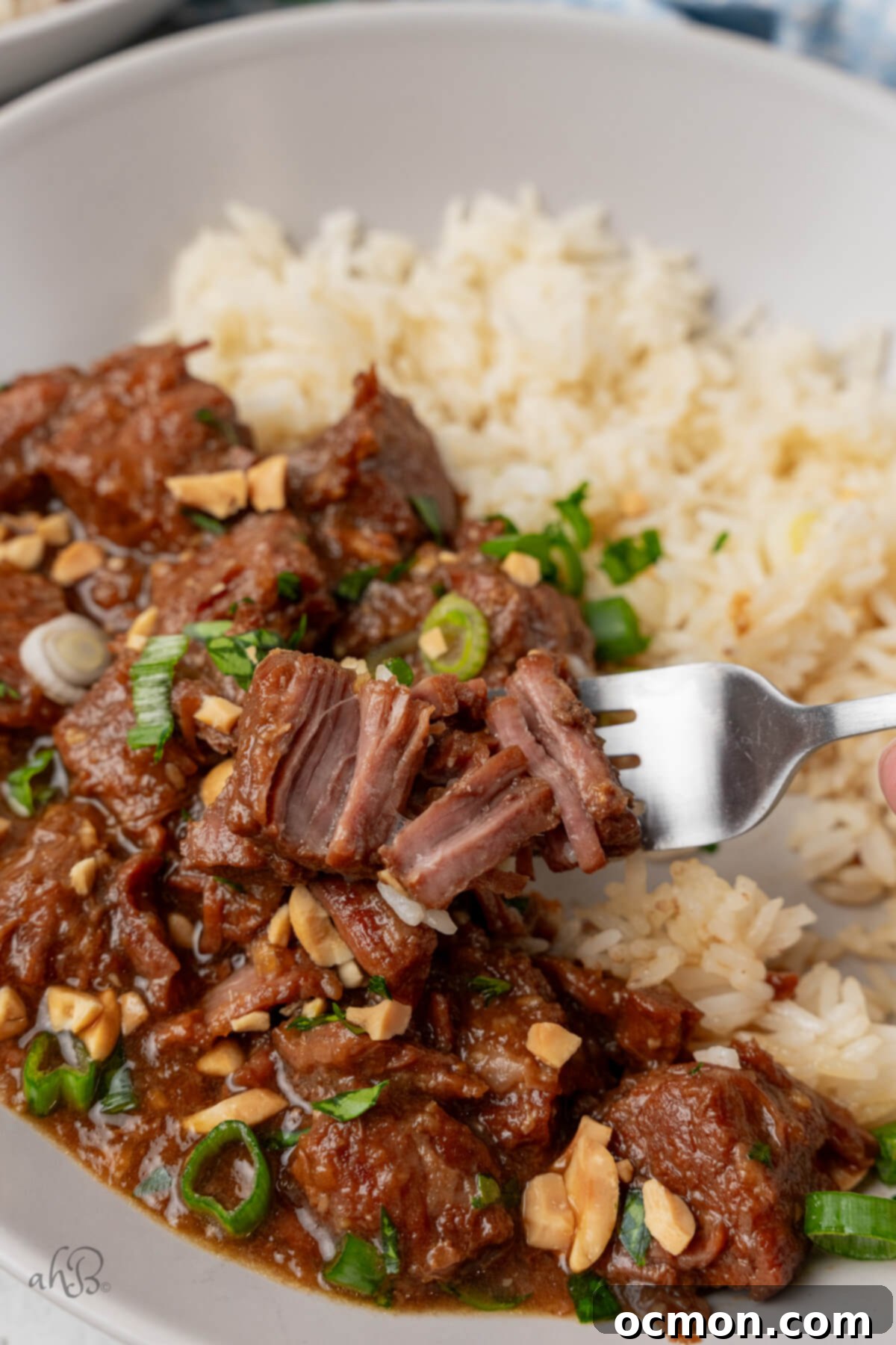 A fork holds a piece of Korean beef falling apart.